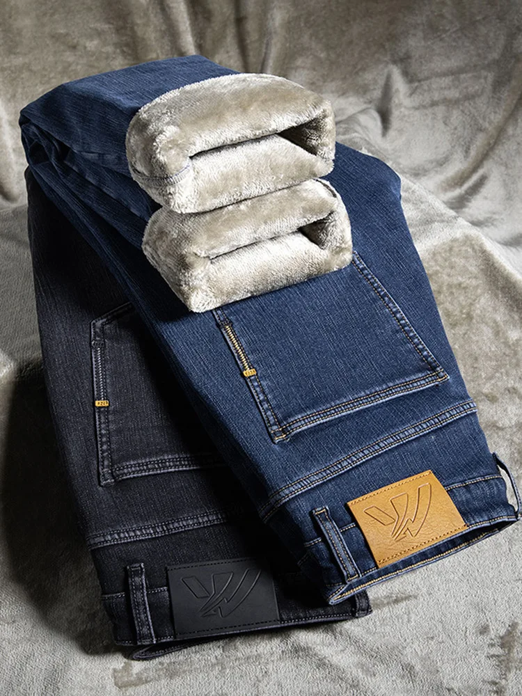 

Winter Warm Thickened Fleece-Lined Jeans Men, Middle-Aged, Stretchy, Loose, Straight-Leg, Versatile, High-Waisted, Casual De