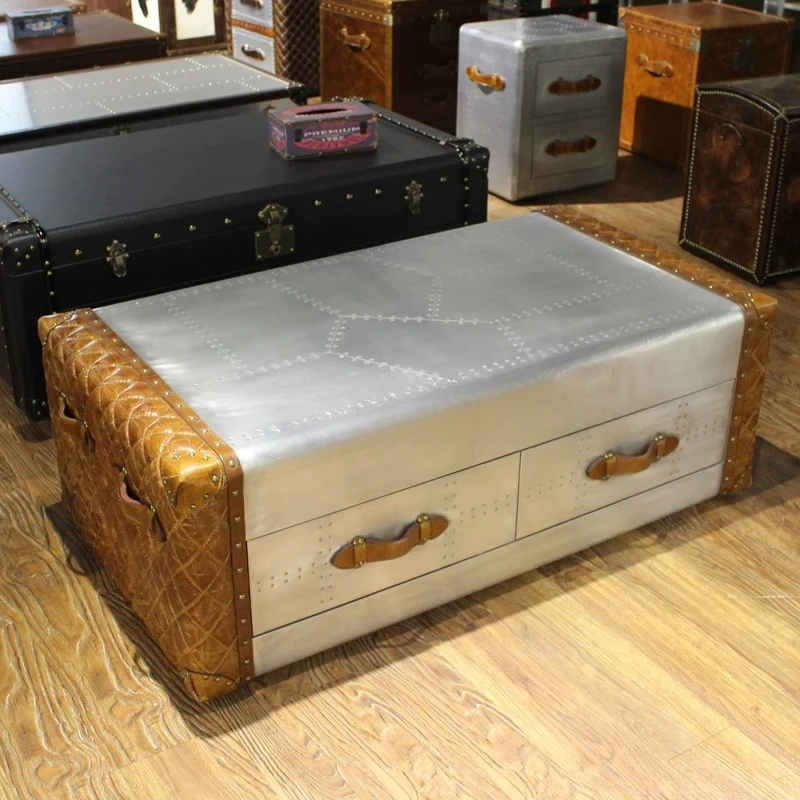 

Leather box coffee table retro old leather club industrial style aluminum leather coffee table