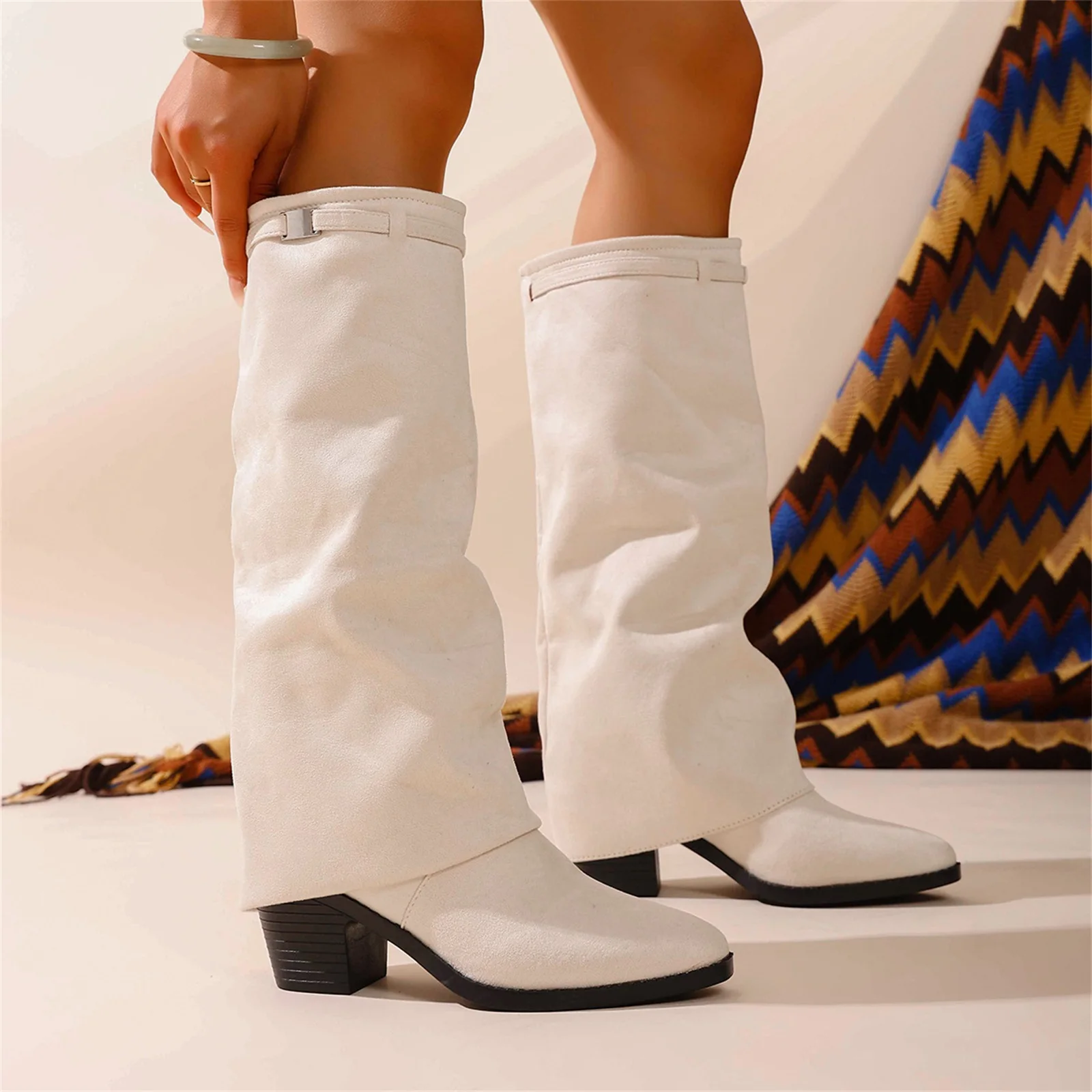 

Women's Fashion Side Zipper Design Boots Spring and Autumn New Pointy Elegant Straight Plus Size Thick Heel Boots Zapatos Mujer