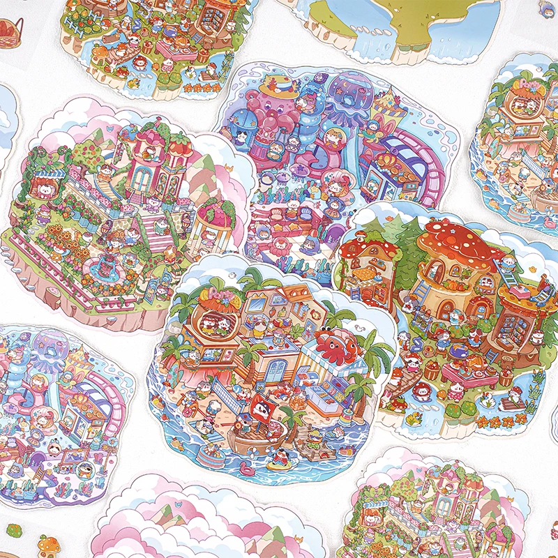 Card Lover 4 Pcs [Cat star Dream Series] Landscape Sticker Cartoon PET Sticker Material Scrapbook Kit Style Three-Dimensional 3D