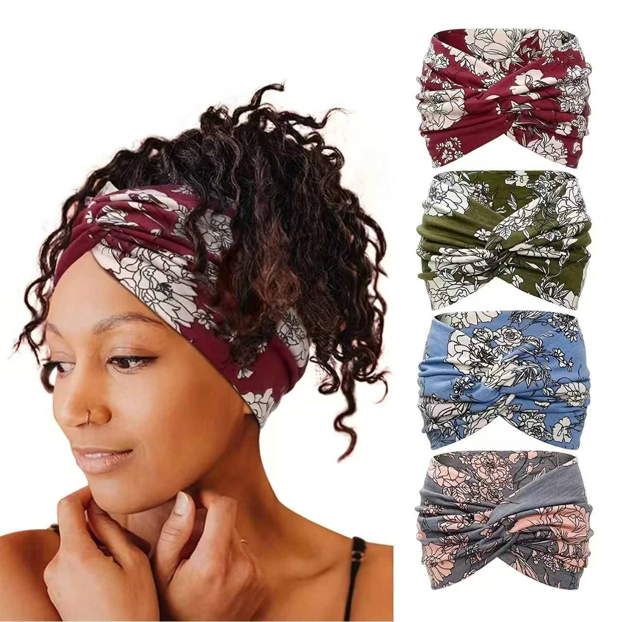 Women Floral Headbands Wide Hair Wrap Turban African Twist Headband for Women Large Sport Workout Stretch Non-slip Big Hairbands