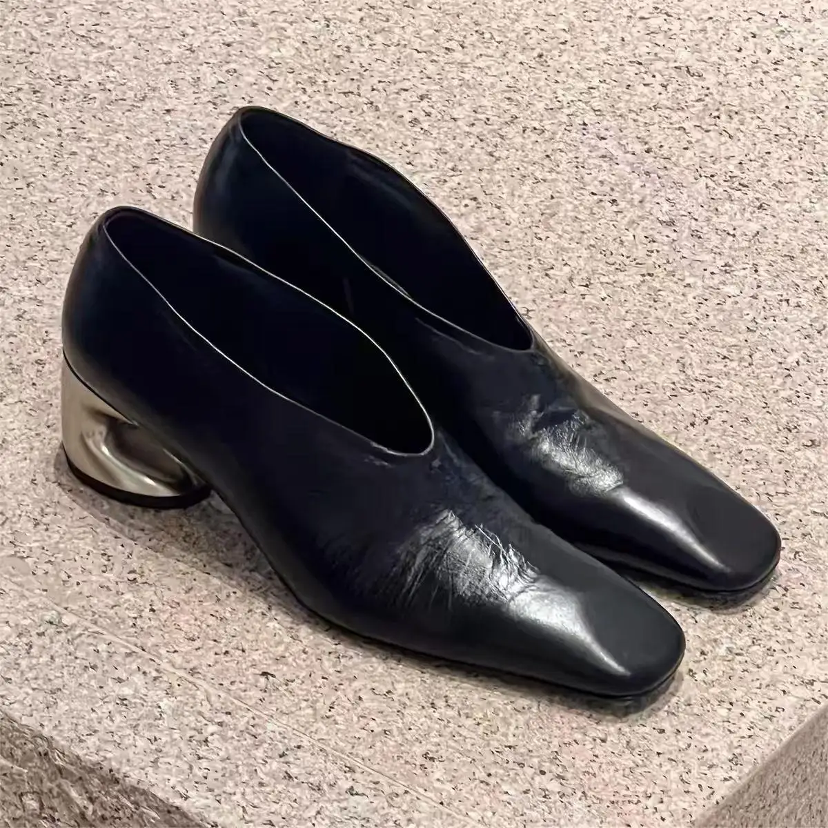 Elegant Metal Embellished Leather Pointed Toe High Heels Unique Shape Heel Fashionable Deep Mouth Single Shoes for Women