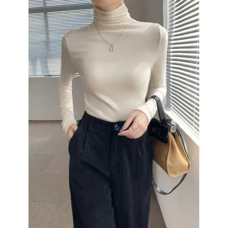 Women's Polo/turtle Neck Fleece-lined Long Sleeve T-shirt Soft Top Solid Color Inner Base Layer Autumn/winter 2024 New Style