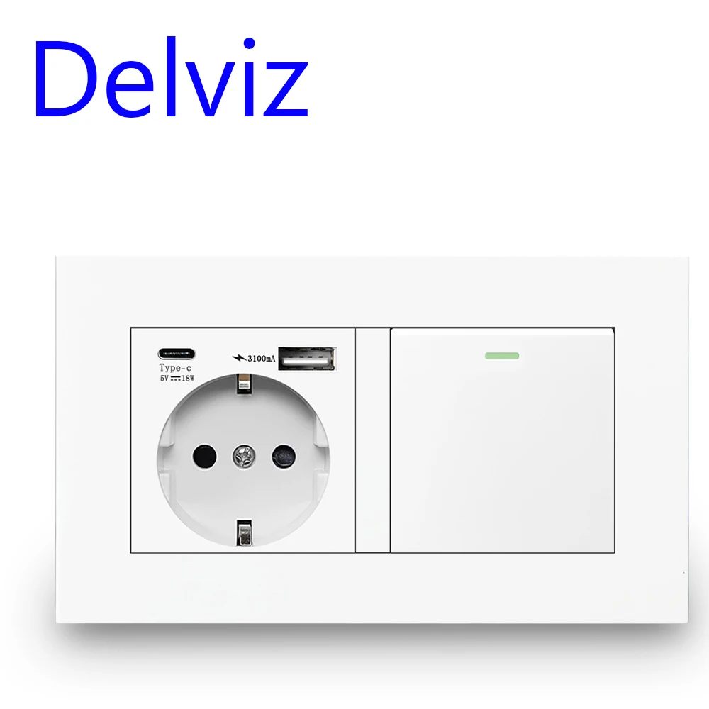 Delviz Muur Usb Dubbele Socket, Wit Kwaliteit Plastic Panel, 5V 2100mA Met Usb-poorten, 146Mm * 86Mm, Eu Standaard Type C Stopcontact