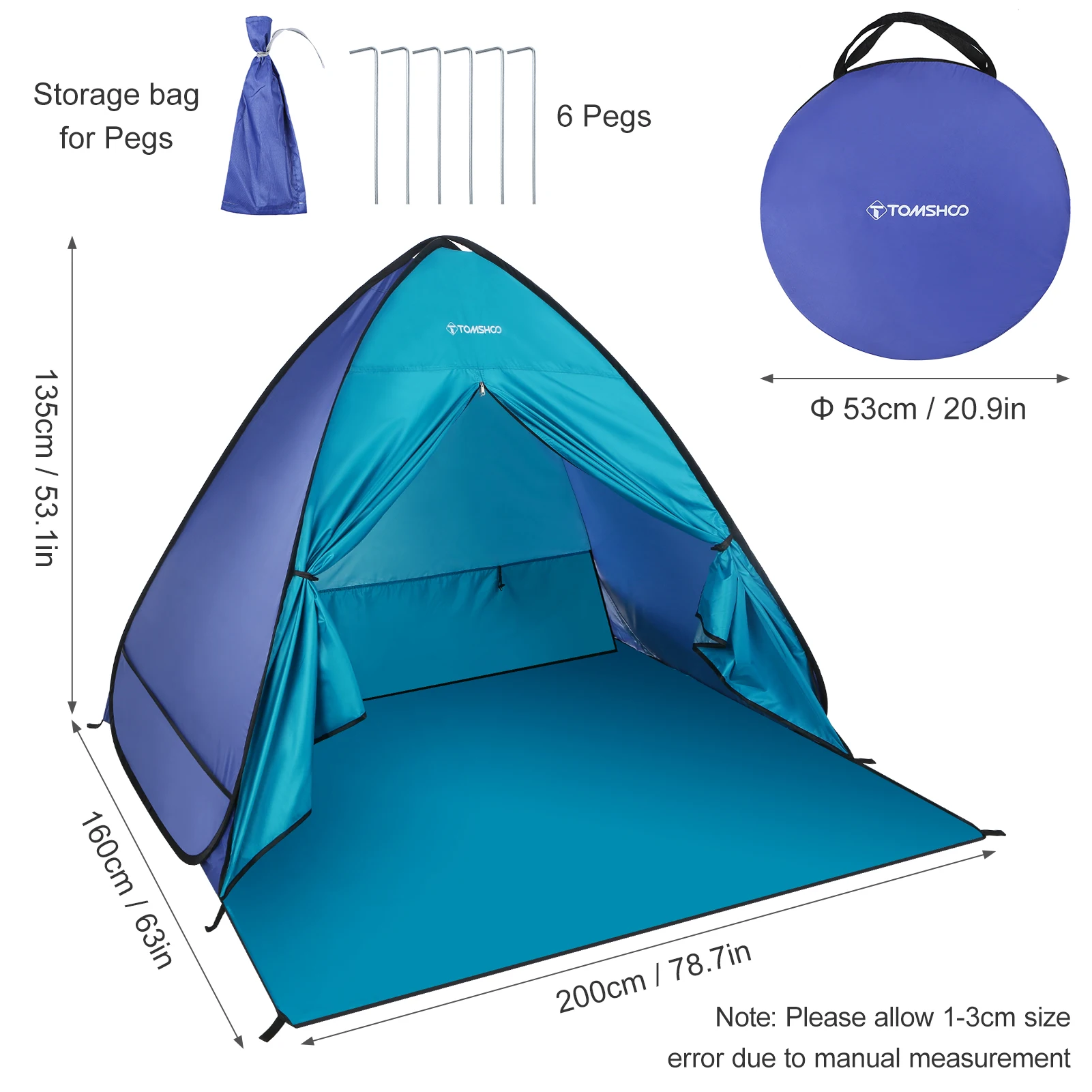 TOMSHOO 3-4 Person Beach Tent Instant Pop Up Tent Beach Shade Sun Shelter Tent Canopy Cabana Outdoor Trip Tent with Carry Bag