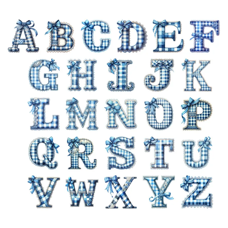 Letters A-Z Heat Transfer Blue checkered bow letters Patches Christmas Washable Vinyl Thermal Press Hoodies Tops Letter Patches