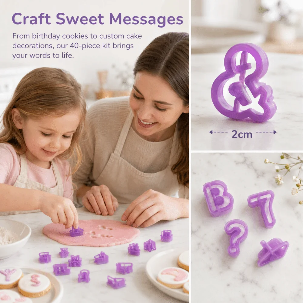 40pcs PP Alphabet Cookie Cutters Purple Plunger Design Number Cookie Cutters Alphabet Number Symbol Letter Cutters Set