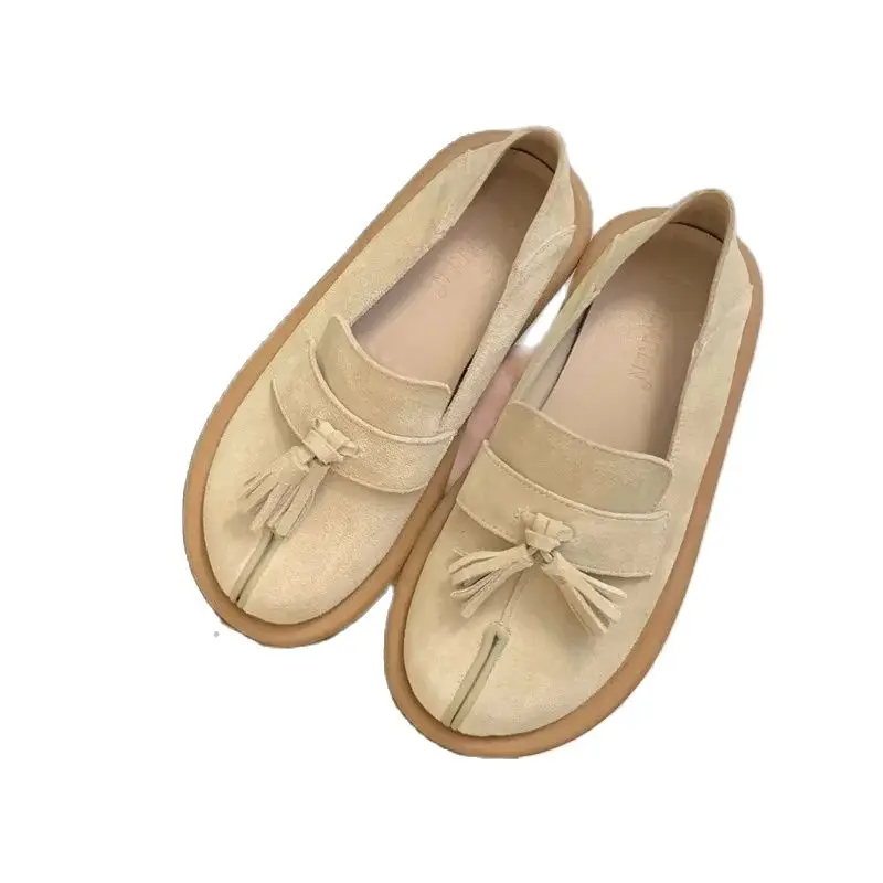 Women's flat shoes comfortable single shoes with fringe one step round toe shallow mouth vintage grinding leather women's shoes