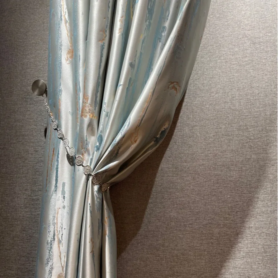 New Chinese-style Light Luxury Curtains for Living Room Bedroom Simulation Silk Gold Silk Jacquard Blackout Curtain Tulle Window
