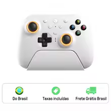 Controle 8BitDo Ultimate 2 branco em uma base de carregamento com selo de envio para o Brasil