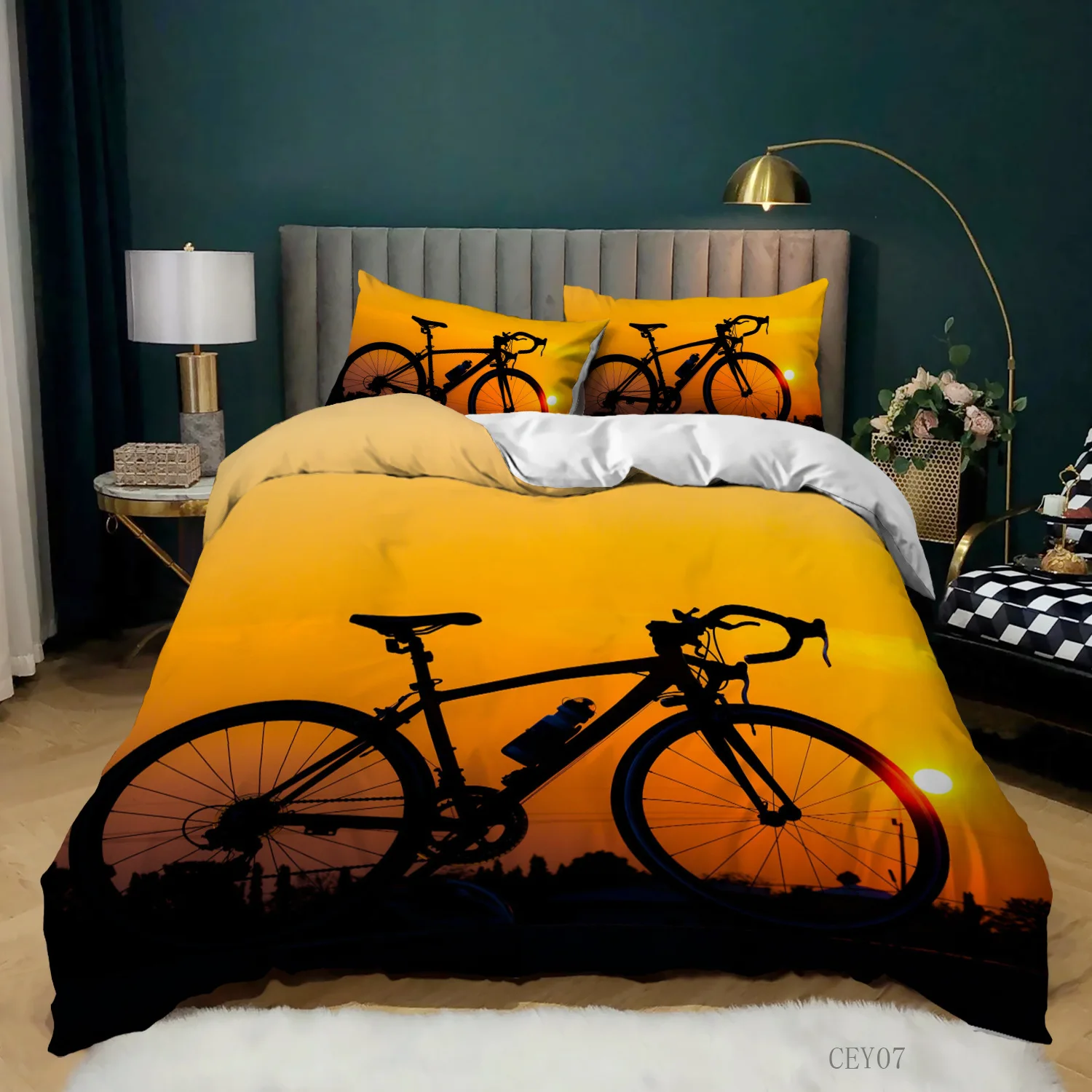 Bicycle Duvet Cover King/Queen Size A Bike Sketch Artwork Quilt Cover Soft Polyester Bedding Set 1/2 Pillowcases Yellow Purple