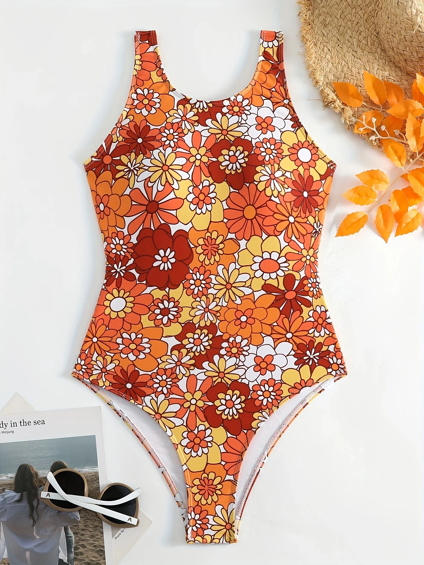 Women'S Floral Swimsuit - Vibrant Orange and Yellow Sunflower Pattern, High-Stretch Polyester Knit, One-Piece