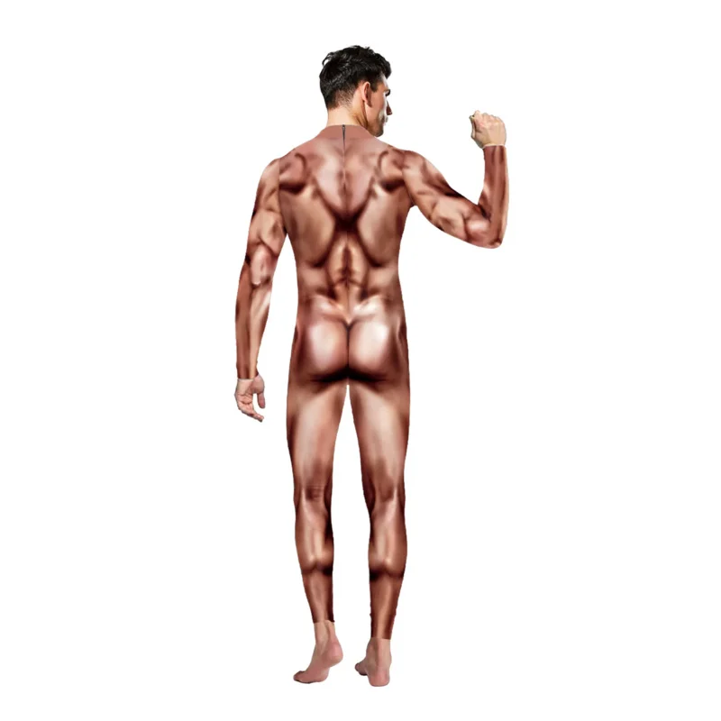 Men Muscle 3D Print Cosplay Jumpsuit Long Sleeve Halloween Party Costume Bodysuits Performance Catsuit Zentai Suit OI8647