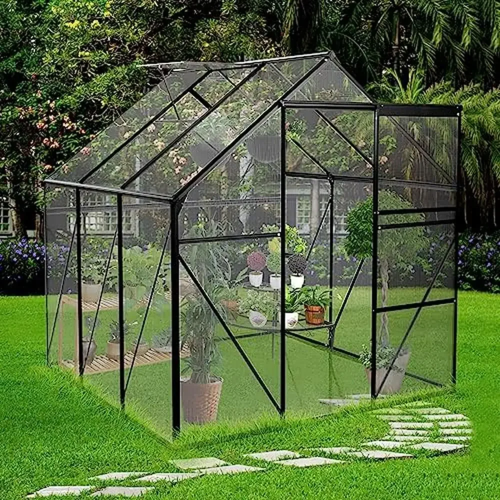

6x6 FT Sliding Door Polycarbonate Greenhouse with Adjustable Roof & Galvanized Base Heavy Duty Aluminum Walk-in Greenhouse