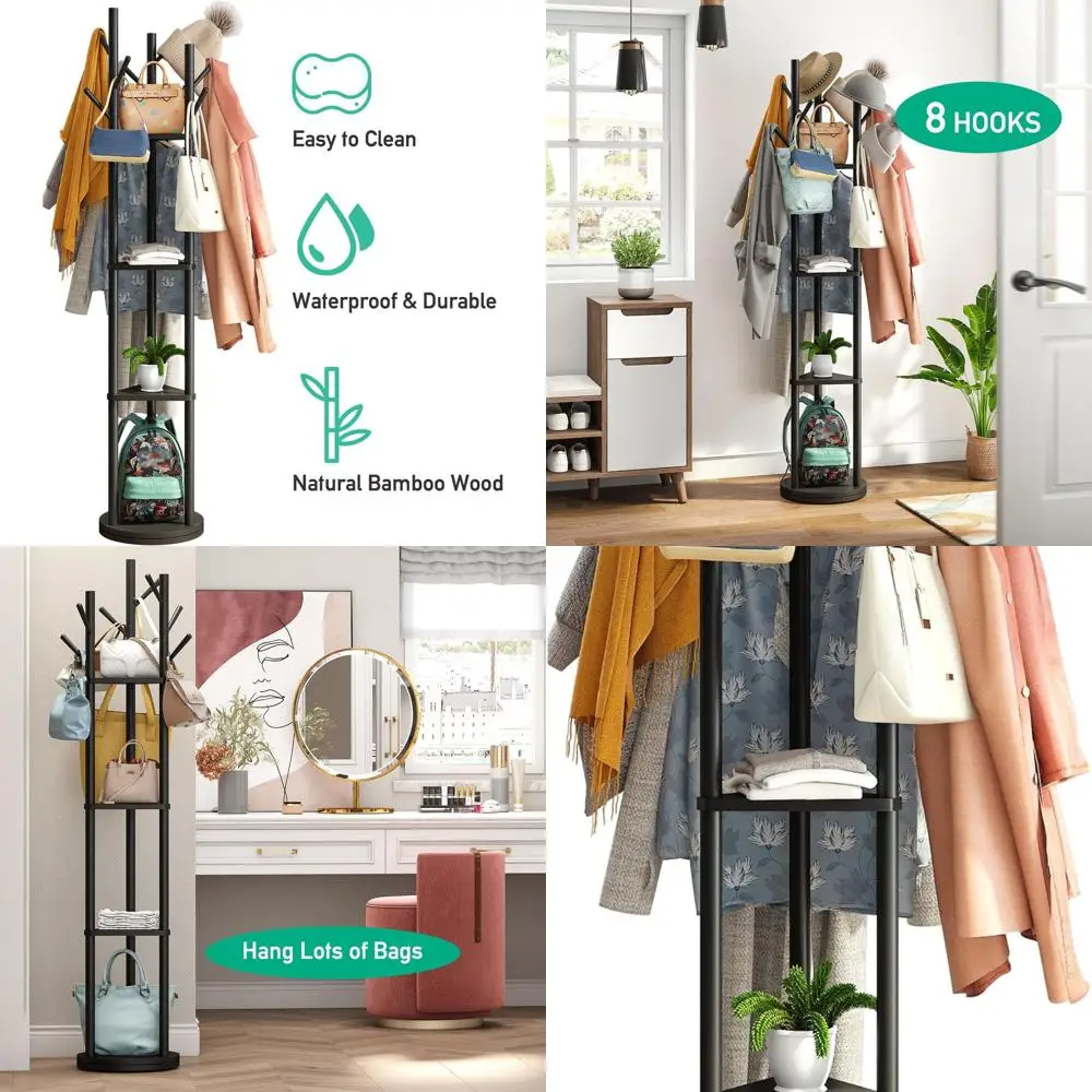 

8-Hook Bamboo Coat Rack Stand, Black, Freestanding for Home Entryway