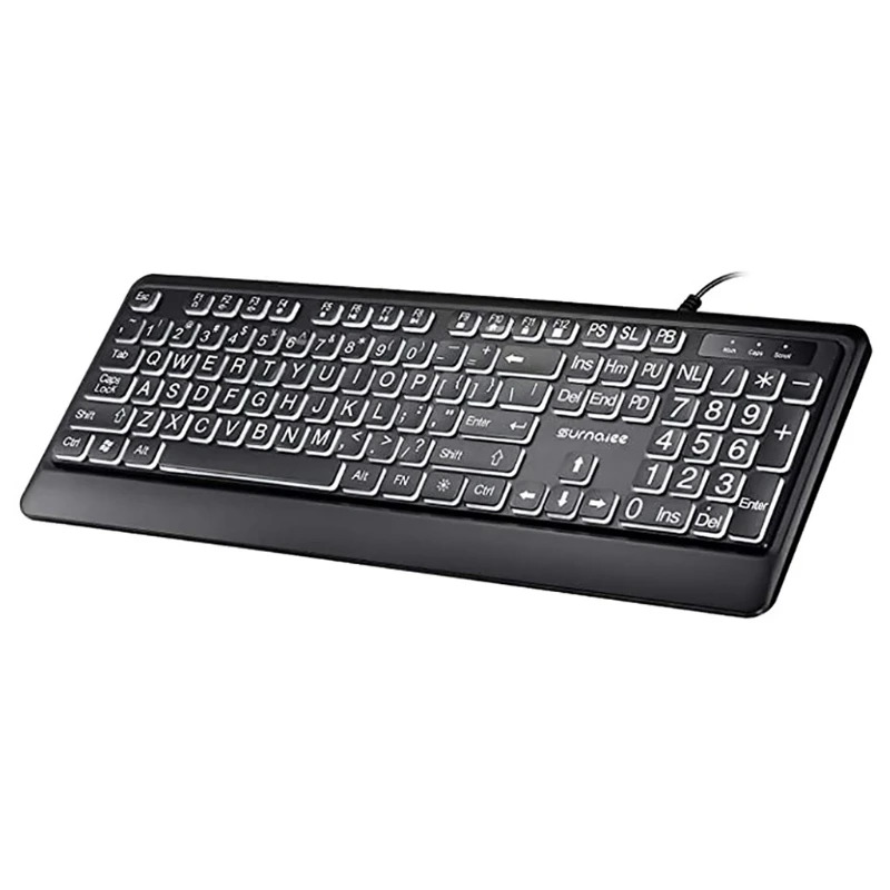 LED Backlit Keyboard 104 Keys Standard Full Size USB Wired Backlit Keyboard Big Print Letter with White Illuminated