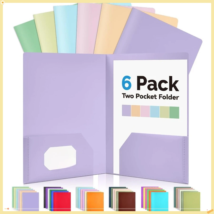 

6Pack Folders with Pockets, Pastels Colors, Heavy Duty Pocket Folder, Plastic Folders with Pockets, 2-Pocket Folder
