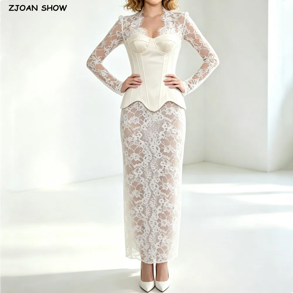 Damen Sexy V-Ausschnitt, durchsichtiges, transparentes Spitzenkleid mit langen Ärmeln + BH, Brustkreuz, Schnürung am Rücken, trägerloses Korsett, Tanktop-Kleid, passendes Set