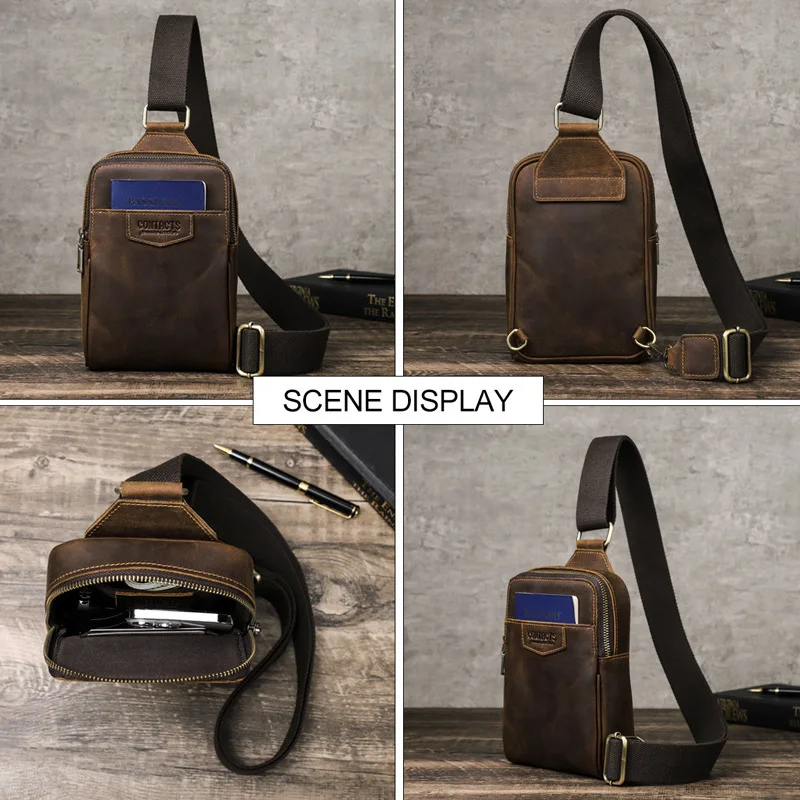 British Style Top Layer Cowhide Fashion Casual Crossbody Outdoor Travel Trend Mens Chest Bag Large Capacity Bag Men Shoulder Bag