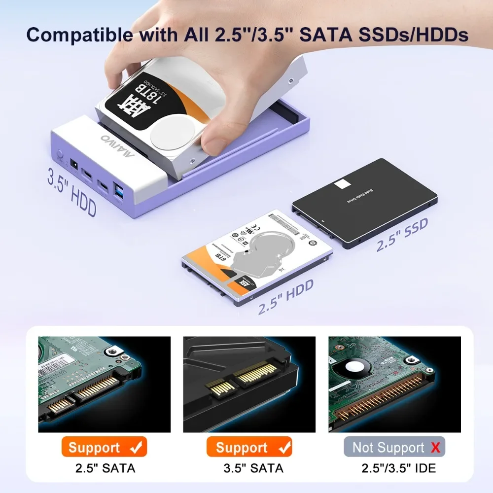 MAIWO 3.5\'\' HDD Case SATA to USB C  6Gbps Adapter External Hard Drive Enclosure with USB Hub Function for 2.5\
