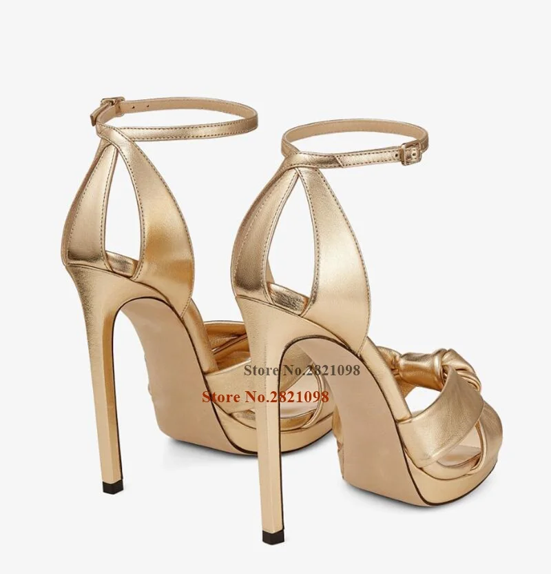 Metallic Golden Thin Platform Heeled High Heel Sandals Women\'s Shoes Hollow Out Back Cross Knot Ankle Wrap Sexy Shoes Party