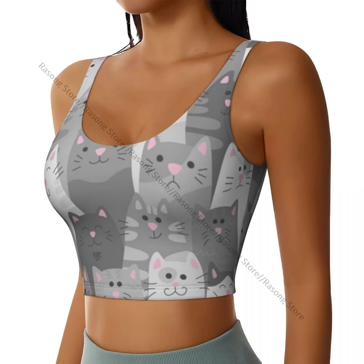 Sports Bra Women Running Yoga Clothes Vest Cartoon Cats Gray Gathering Fitness Vest