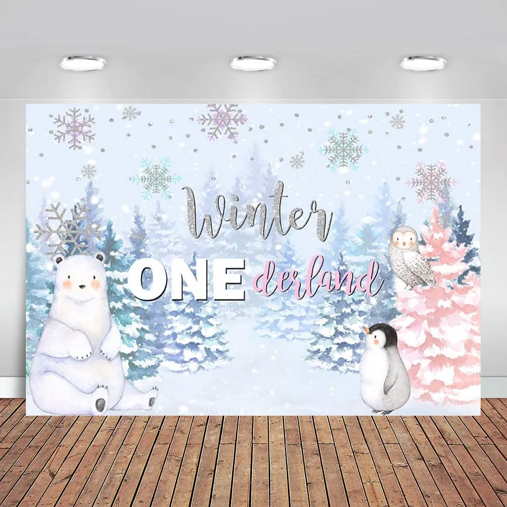 

Winter Onederland Backdrop First Birthday Sliver Snowflake Blue Arctic Animals Wonderland 1st Birthday Party Photo Background