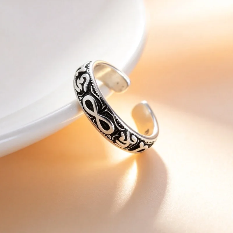 

Retro Personalized Ins Hip Hop Versatile 925 Sterling Silver Jewelry Vintage Symbol Six Word Mantra Opening Rings 02891