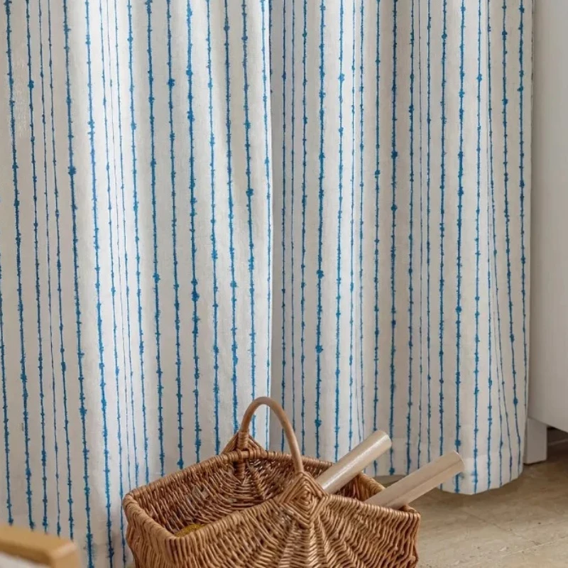 Blue Stripe Mediterranean Jacquard Cotton Linen Window Screen Bedroom Living Room Floor To Ceiling Study Customized Finished