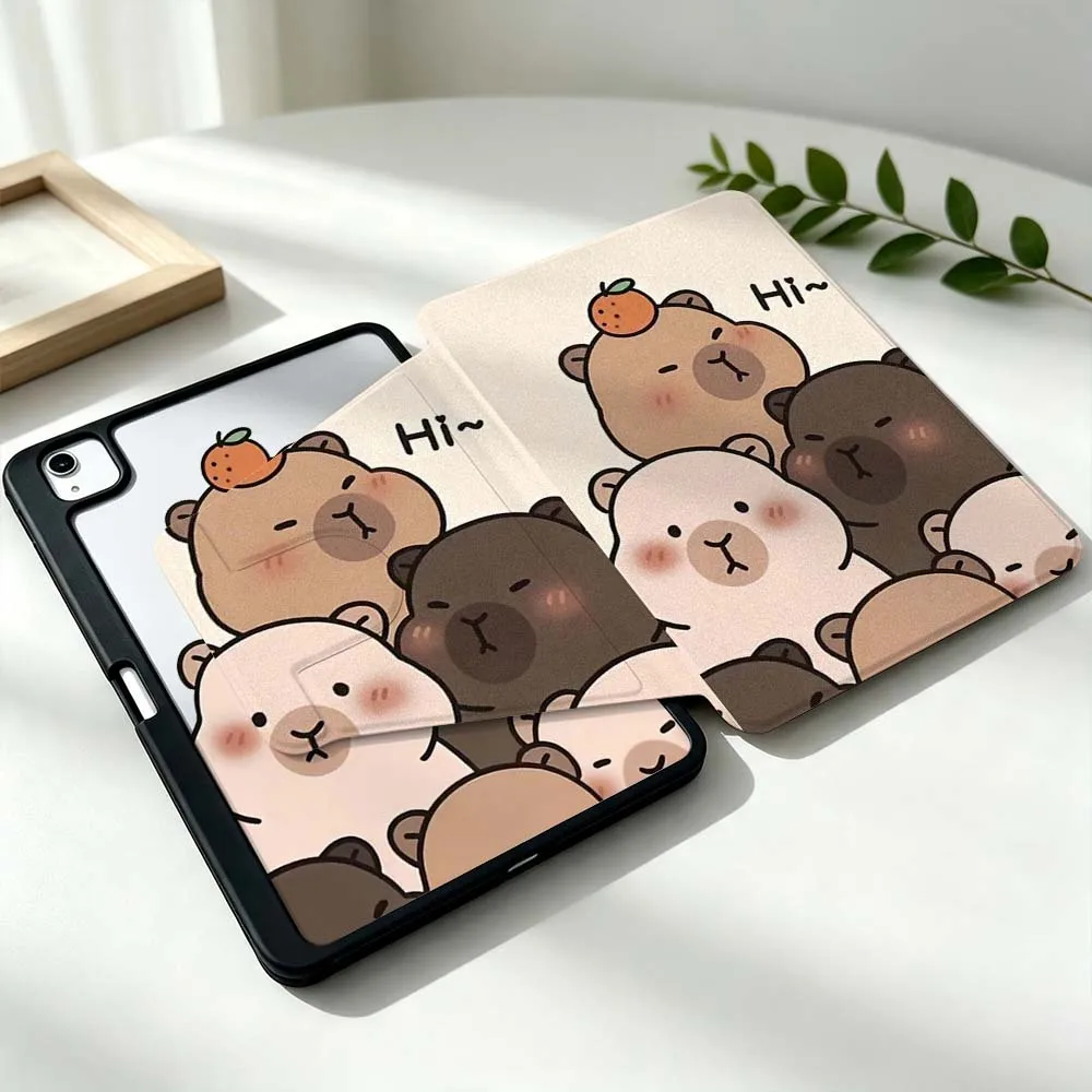 Cartoon Fun Capybara For Samsung Galaxy Tab S11 S10 S9 S8 A11 FE Plus Ultra 360° Rotation Stylus Storage Tablet Case