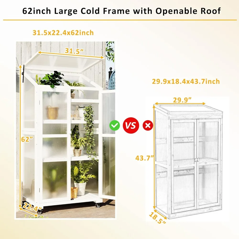 Greenhouse with Adjustable Shelves and Vent, Portable Wood Cold Frame W/ 4 Wheels, Anti-Tipping Design, Conservatory