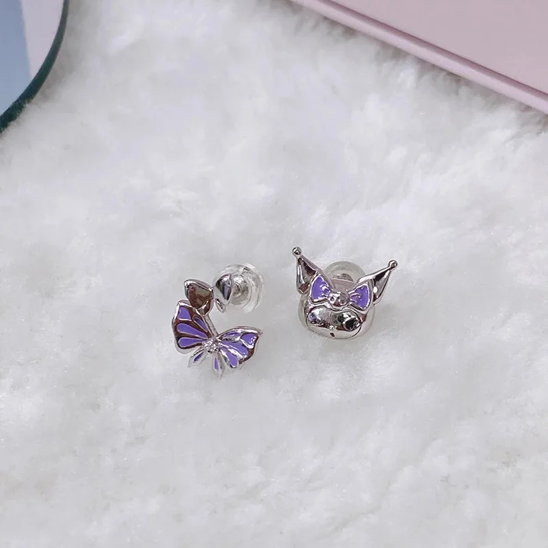 Sanrio Kuromi Asymmetric 925 Silver Needle Earrings Cartoon Creative Purple Butterfly Shaped Anti Allergy Non Fading Earrings