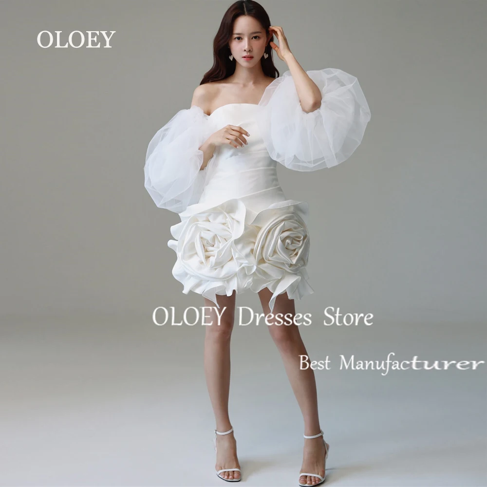 OLOEY Exquisite Strapless Short Wedding Dress Detachable Sleeves Korea Photoshoot Pleats Satin Mini Bridal Gown Custom Made