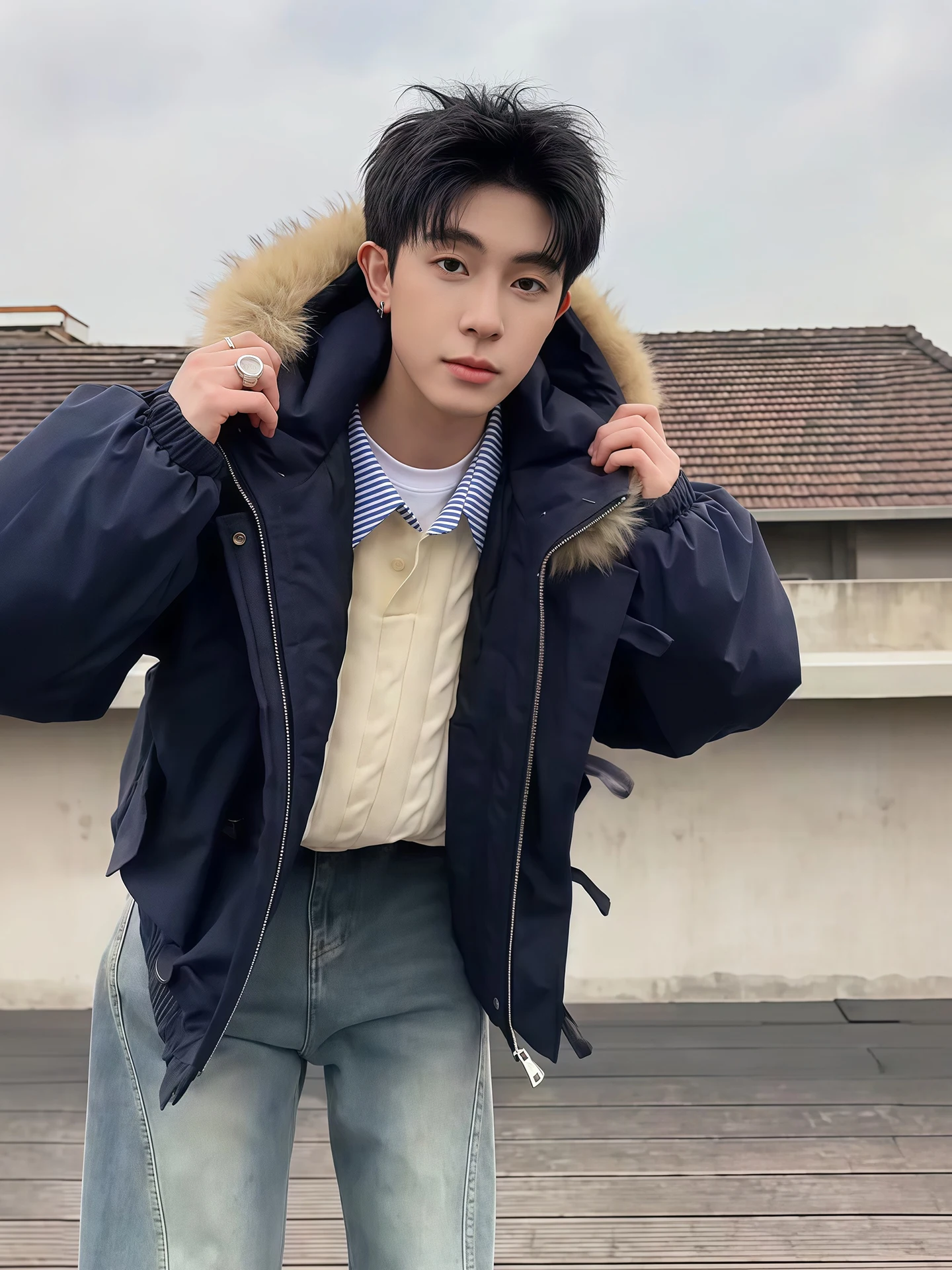 

Кобальтово-синее хлопковое платье с меховым воротником и роговими пуговицами, зимнее пальто для мужчин Sli American Sle, повседневная одежда