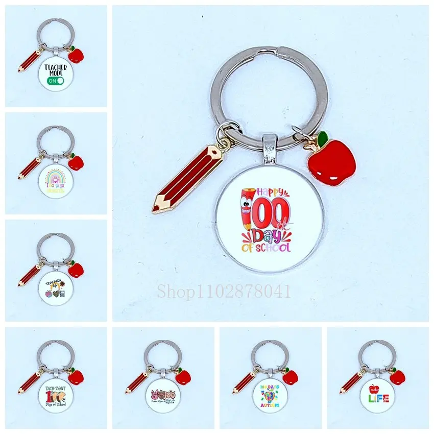 Popular Jewelry Glass Pendant Metal Keychain Happy Teacher's Day Dropping Oil Creative Gifts