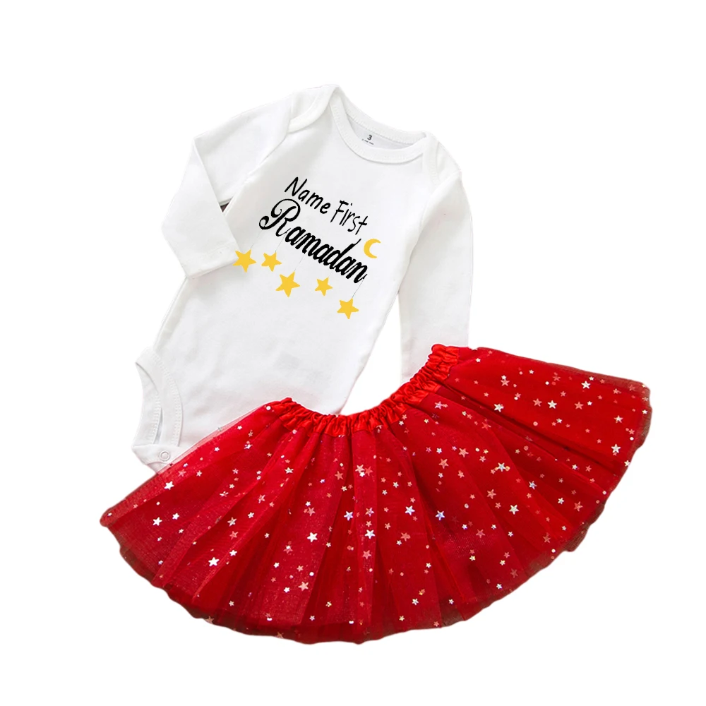 2PCS Set Personalised First Eid Baby Girls Costume Tutu Dress Girls Eid Outfit for Babies and Toddlers Ramadan Outfit