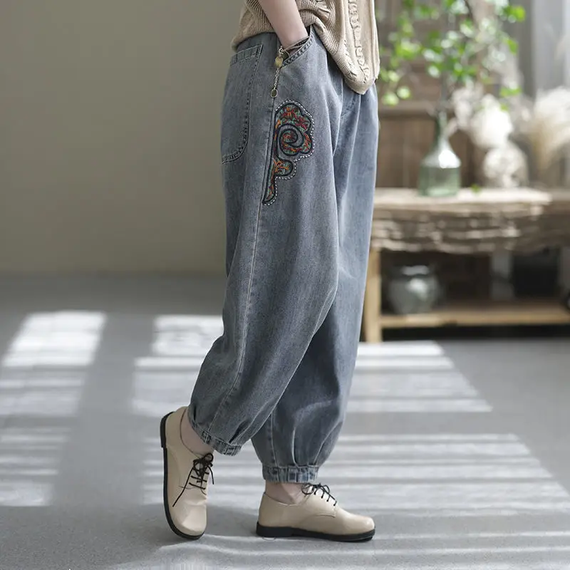 Loose Vintage Fashionable Korean High Waist Solid Color Embroidery Handsome Women's Clothing 2023 Thin Spring Summer Pockets