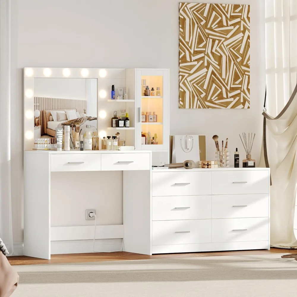 Dresser with charging station, illuminated mirror, RGB glass case, 2 adjustable shelves and 8 drawers and open storage