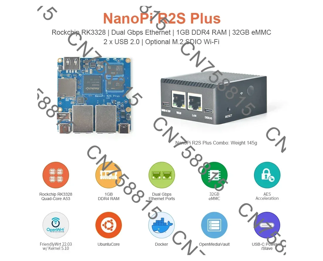 

Ports 32GBeMMC Supports M.2WiF， New original For NanoPi R2S Plus Mini Development Board RK3328 Dual Gigabit Ethernet