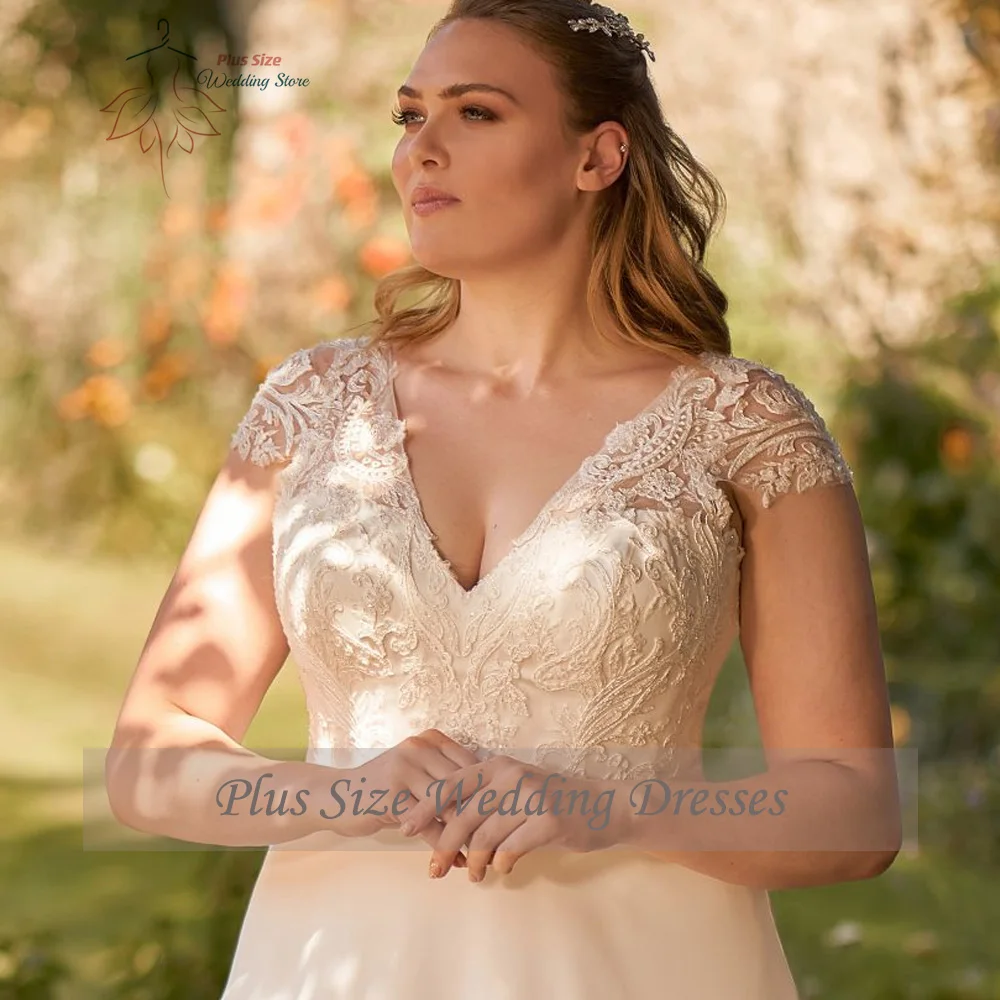 Vestidos de casamento personalizados plus size com decote em v mangas a linha vestidos de noiva apliques de volta rendas varredura trem vestidos de novia