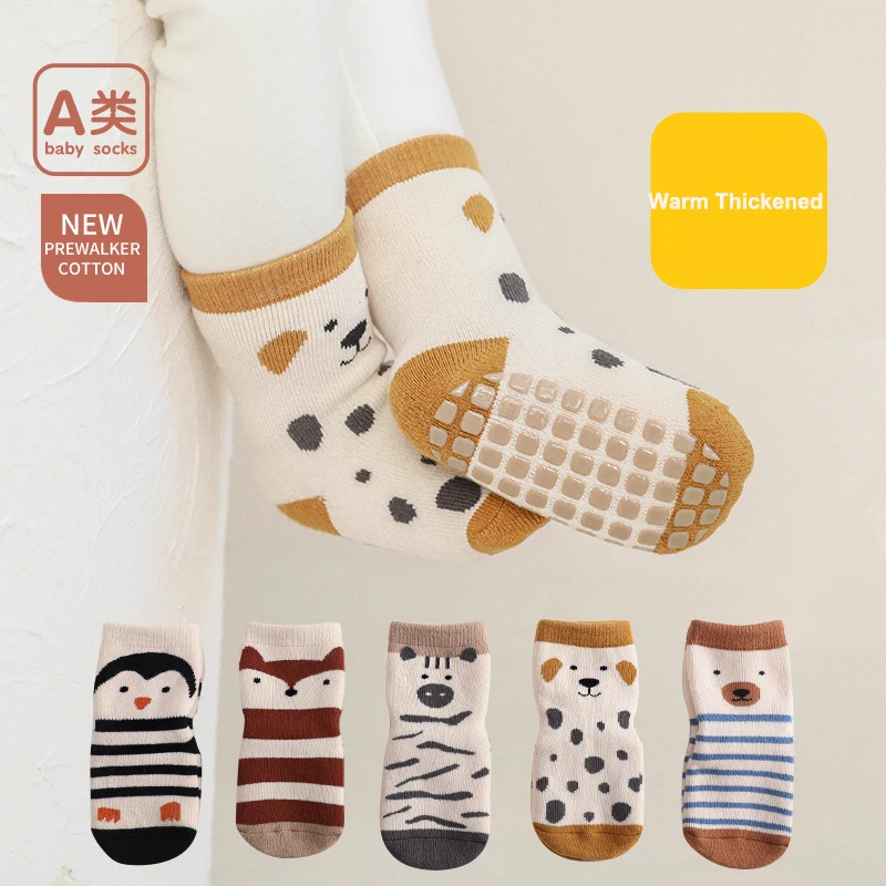 

5 Pairs Lot Baby Winter Cushion Socks Cartoon Animals Toddler Non-Slip Thickened Terry Socks Unisex Kids 0-5T Warm Floor Socks