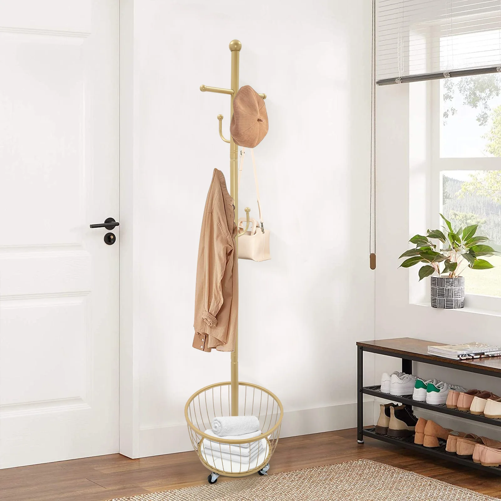 Coat Rack Entrance Hanger with Storage Basket Standing Hanger with Wheels Floor Standing with 6 Hooks Suitable for Hallway Gold