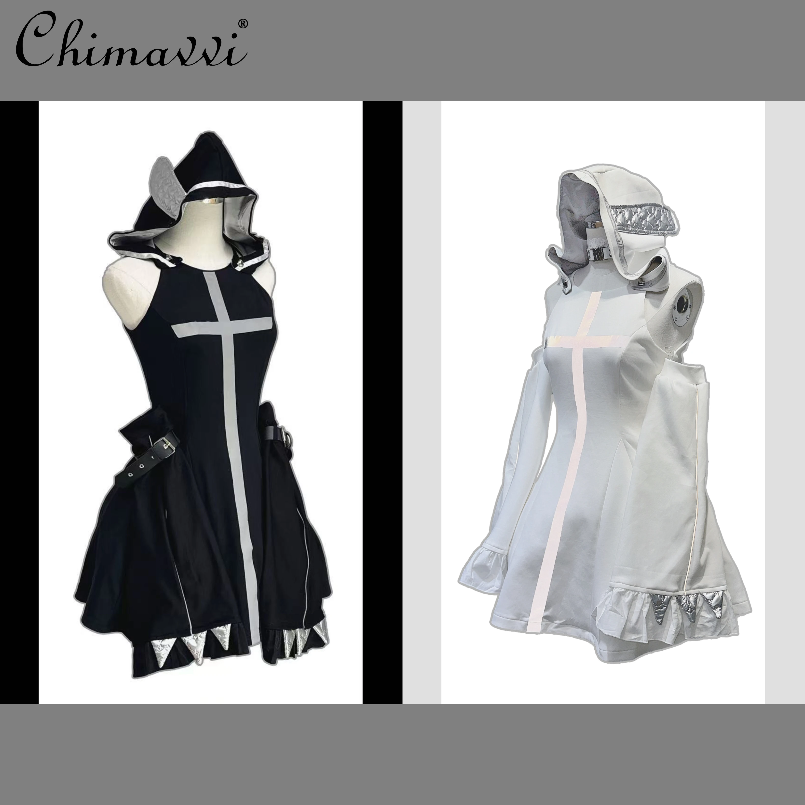 Japanese New 3D Waist Reflective Cross Sleeveless Hooded Dress Mechanical Style Sweet Cool Girl Short Black and White Dress