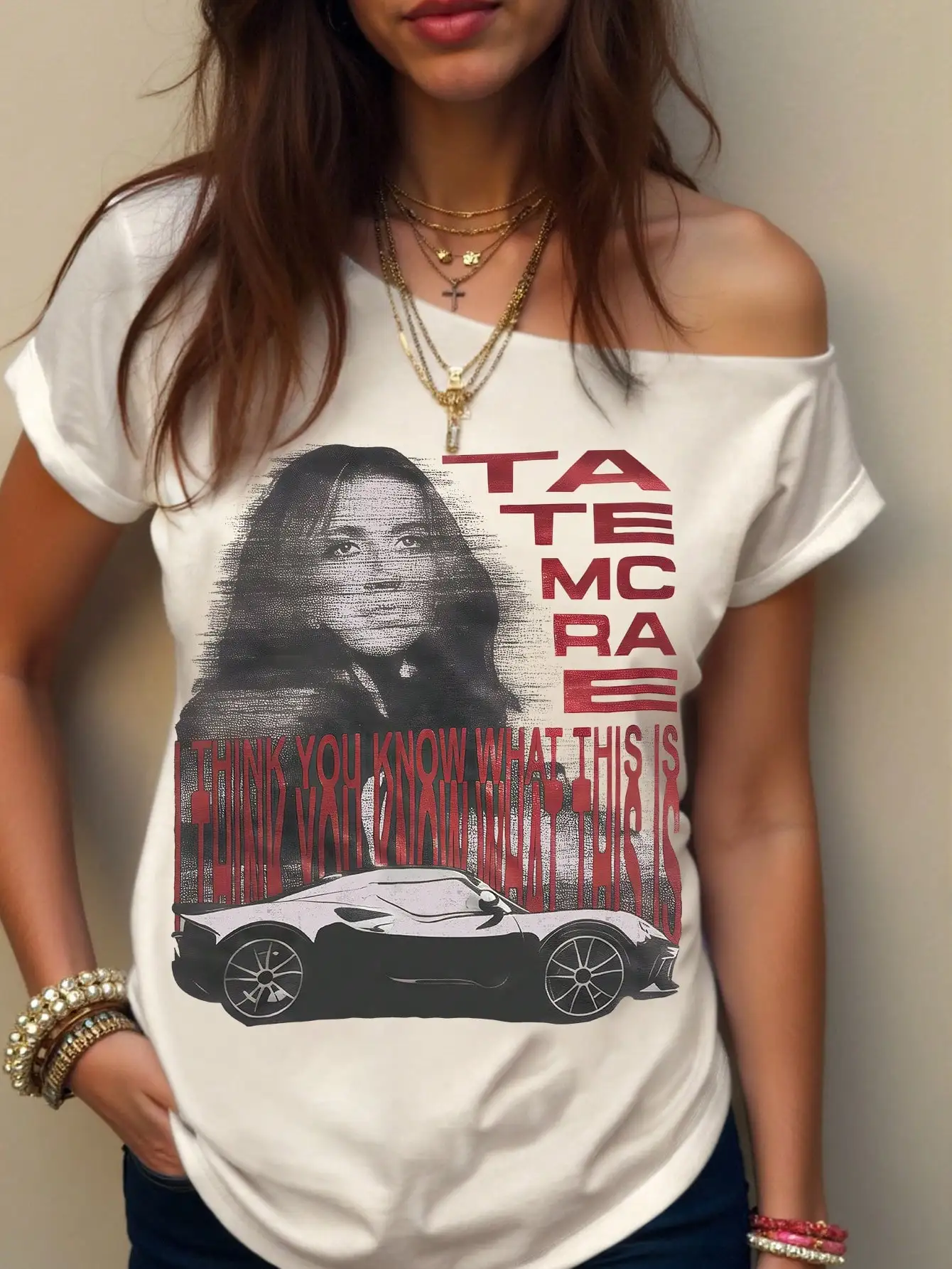 

Women's Off-Shoulder Oversized Graphic Tee with Retro Portrait & Sports Car Print
