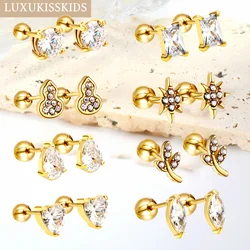 LUXUKISSKIDS Geometric Earrings Stud Cubic Zirconia Small Piercing for Men/Woman Surgical Steel Golden Party Accessories Jewelry