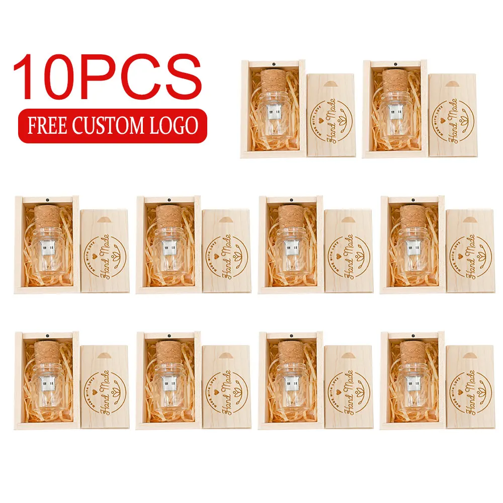 10PCS/LOT USB 2.0 Flash Drive 128GB Glass drift bottle With Maple wood Box Free logo 64GB 32GB Memory stick Creative gift U disk