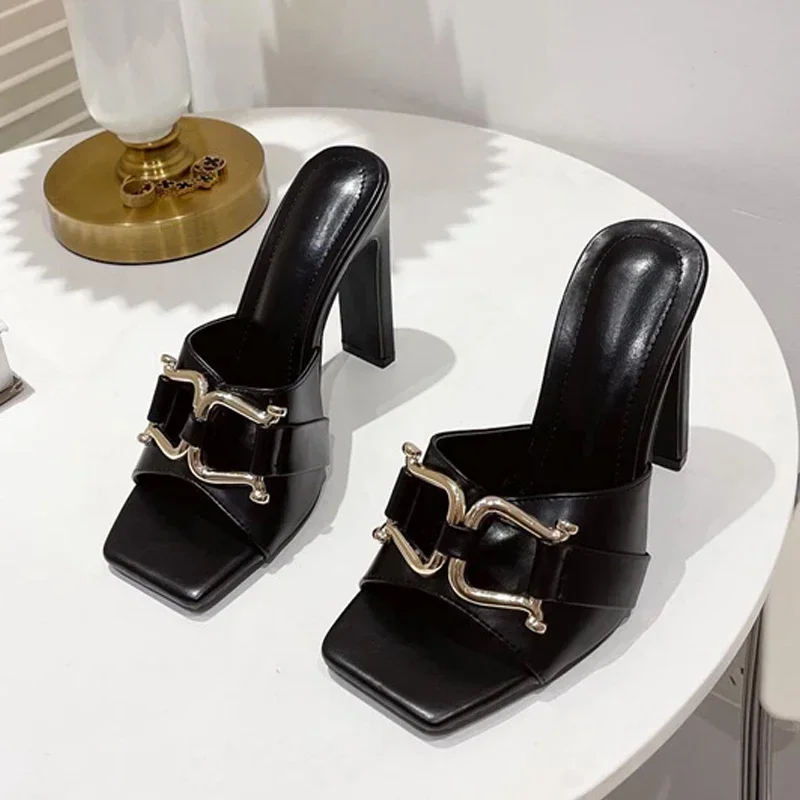 New Blue Denim Slippers Women Outdoor Mules High Heels Fashion Metal Buckle Designer Sandals Square Toe Ladies Shoes Size 35-41