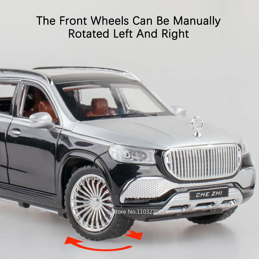 Scale 1/24 Maybach GLS600 Car Model Toys Diecast Alloy Vehicle Sound Light Pull Back Doors Opened Rubber Tire Toy Gifts for Kids