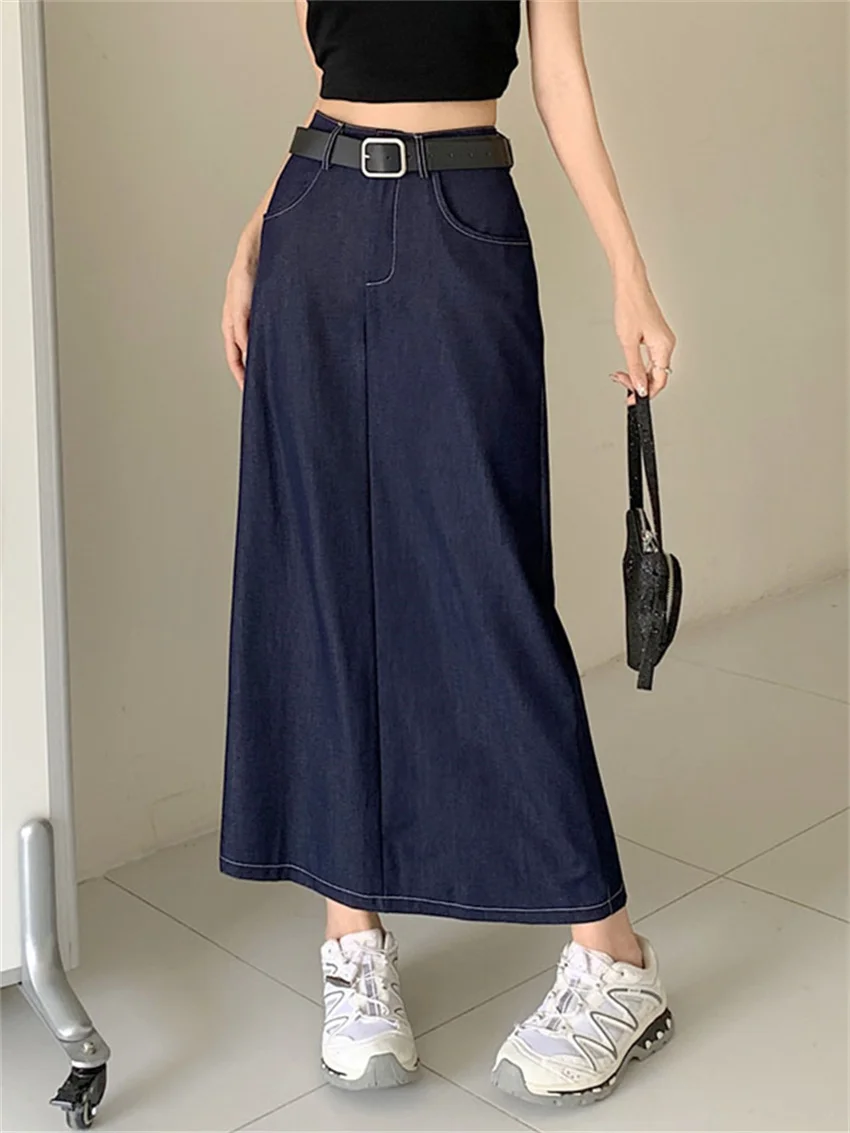 

Alien Kitty Dark Blue Women Maxi Skirts Jeanswear Summer A-Line Office Lady With Belt 2023 Chic Loose Denim Vintage Casual