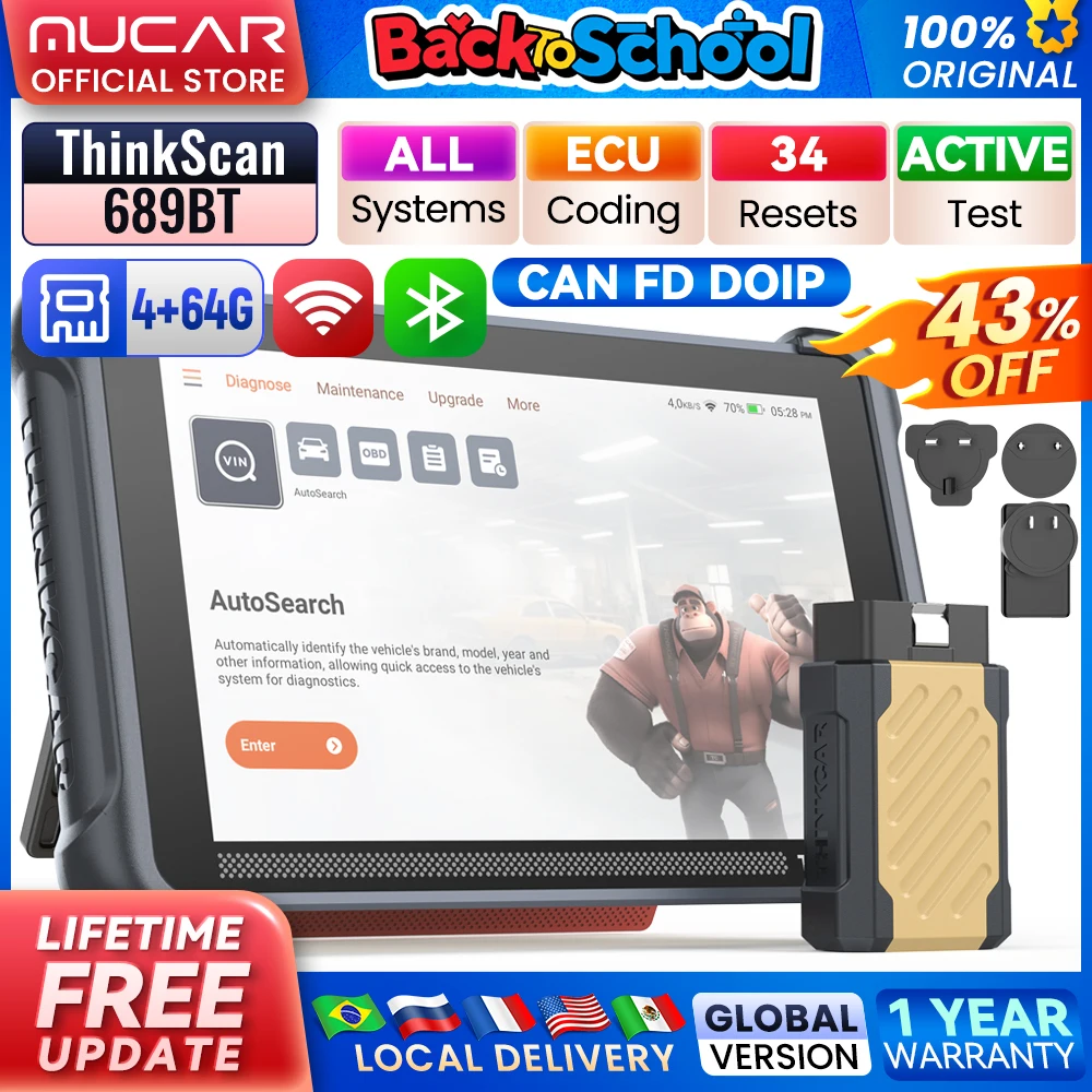 

THINKCAR THINKSCAN 689BT Автомобильный диагностический инструмент OBD2 DoIP CAN FD Все системы 34, сброс кодирования ЭБУ, двунаправленный инструмент сканирования управления